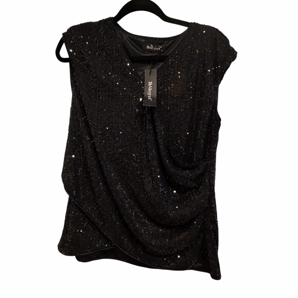 Allegra K Black Sequin Drape Blouse